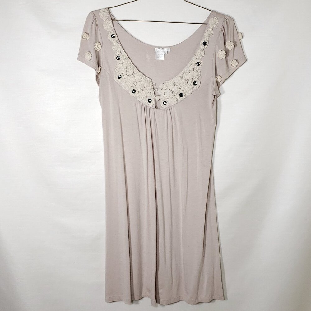 Y2K Crochet Trim Babydoll Midi Dress Dating Clothing Size Medium Taupe Cream